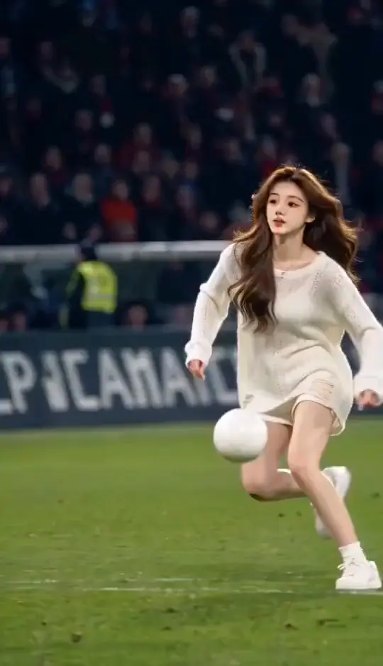 A player generated from a single photo dribbling toward the penalty area at night